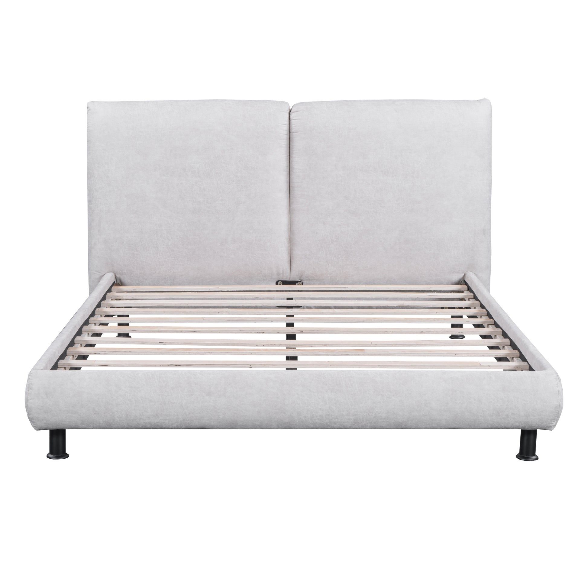 Queen Size Upholstered Platform Bed With Two Large Headrests And Thick Fabric, Polyester, Beige Beige Polyester