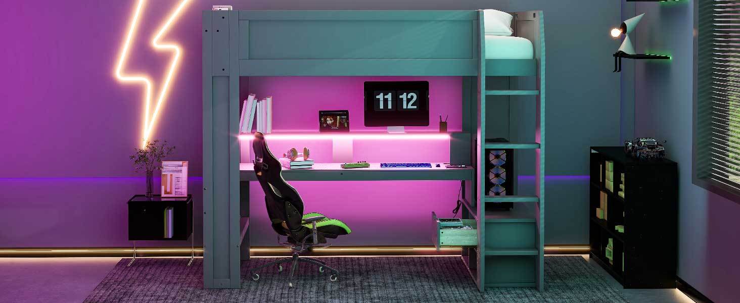 Wood Twin Size Gaming Loft Bed With Desk, Multi Storage Shelves, Led And Charging Station, Dark Gray Box Spring Not Required Twin Dark Gray Wood Bedroom Bed Frame Solid Wood Mdf