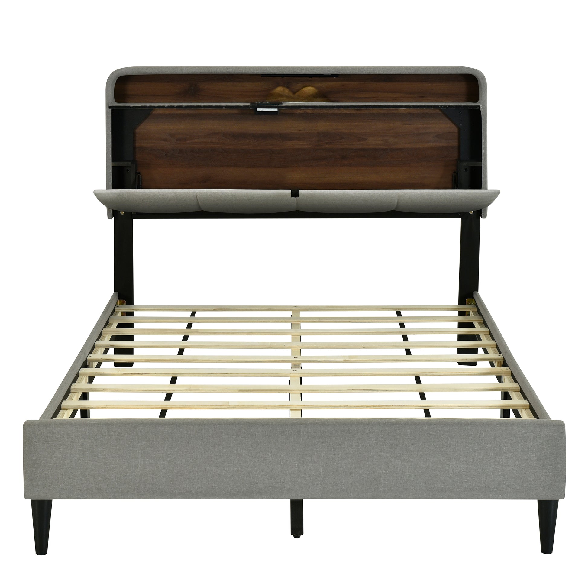 Full Size Upholstered Platform Bed With Storage Headboard, Sensor Light And A Set Of Sockets And Usb Ports, Linen Fabric, Gray Gray Linen