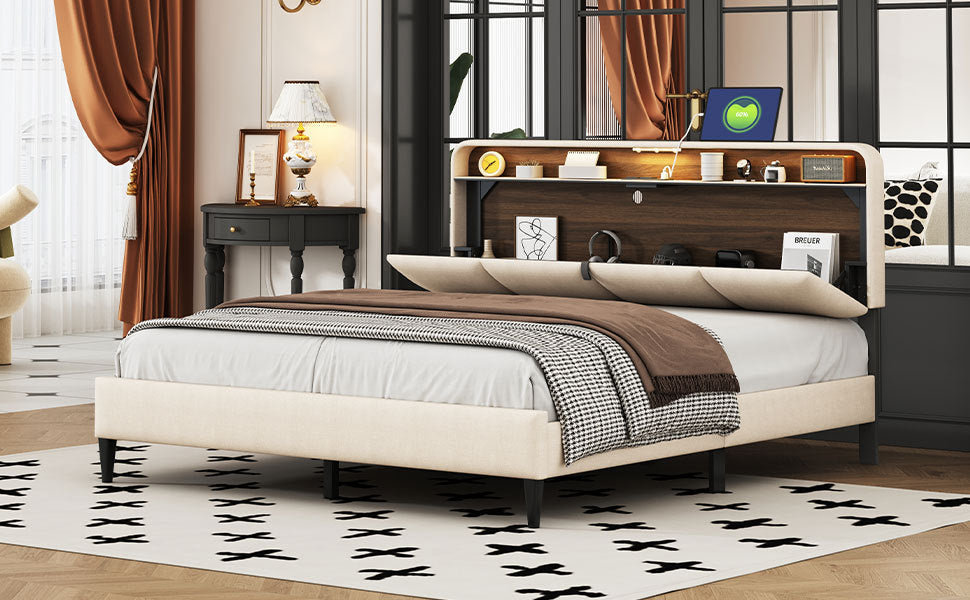 Queen Size Upholstered Platform Bed With Storage Headboard, Sensor Light And A Set Of Sockets And Usb Ports, Linen Fabric, Beige Beige Linen