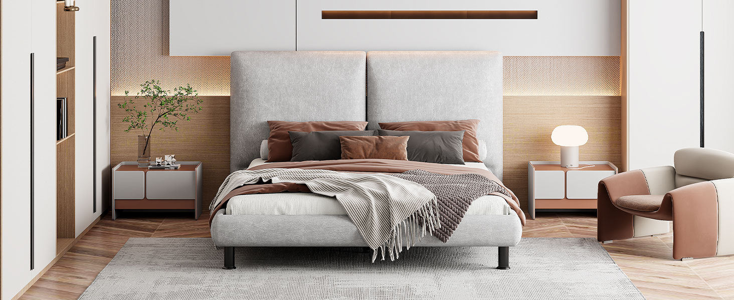 Queen Size Upholstered Platform Bed With Two Large Headrests And Thick Fabric, Polyester, Beige Beige Polyester