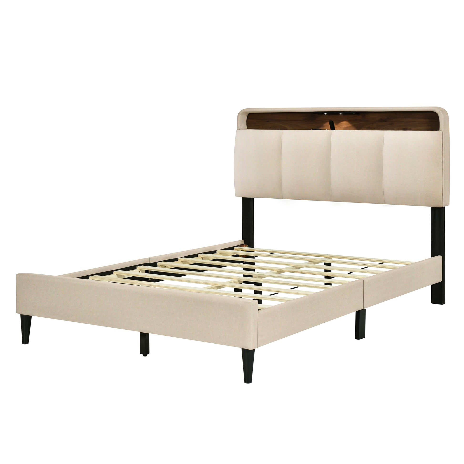 Full Size Upholstered Platform Bed With Storage Headboard, Sensor Light And A Set Of Sockets And Usb Ports, Linen Fabric, Beige Beige Linen