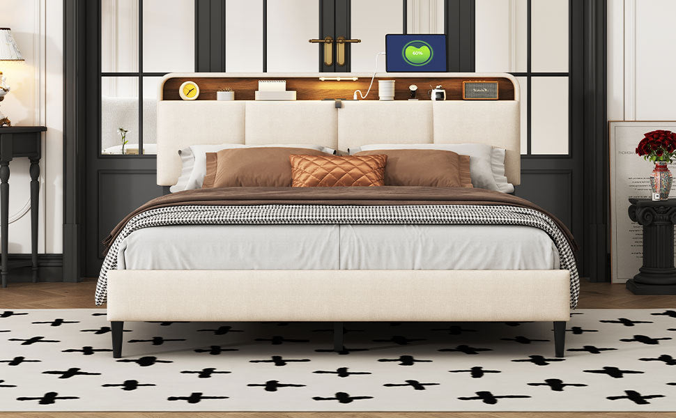 Queen Size Upholstered Platform Bed With Storage Headboard, Sensor Light And A Set Of Sockets And Usb Ports, Linen Fabric, Beige Beige Linen