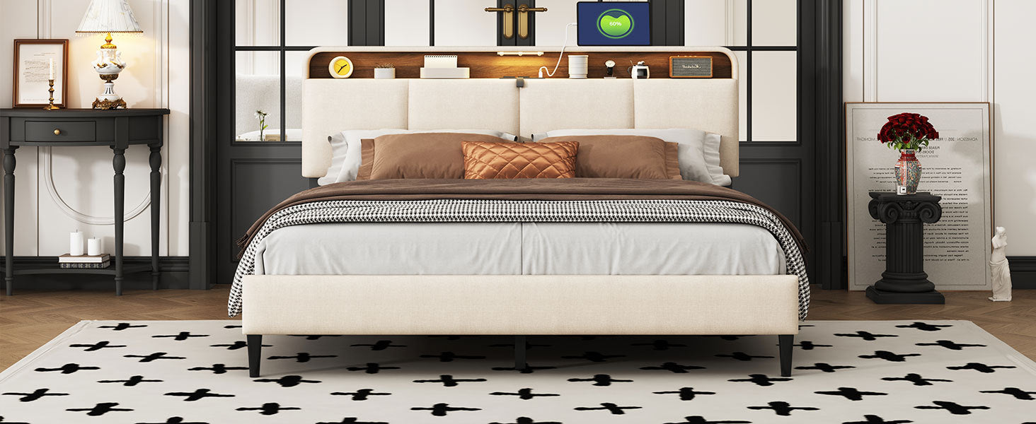 Queen Size Upholstered Platform Bed With Storage Headboard, Sensor Light And A Set Of Sockets And Usb Ports, Linen Fabric, Beige Beige Linen