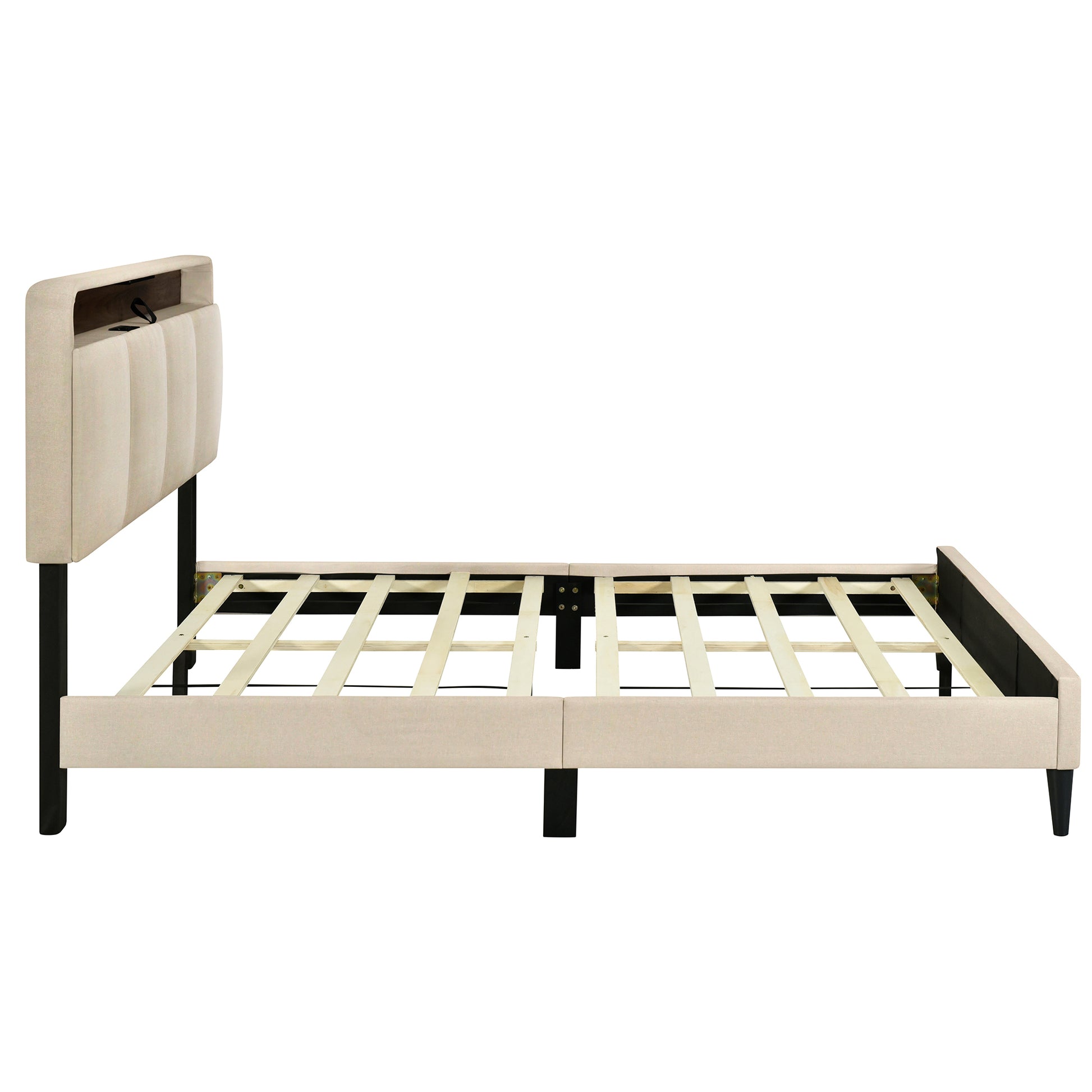 Queen Size Upholstered Platform Bed With Storage Headboard, Sensor Light And A Set Of Sockets And Usb Ports, Linen Fabric, Beige Beige Linen