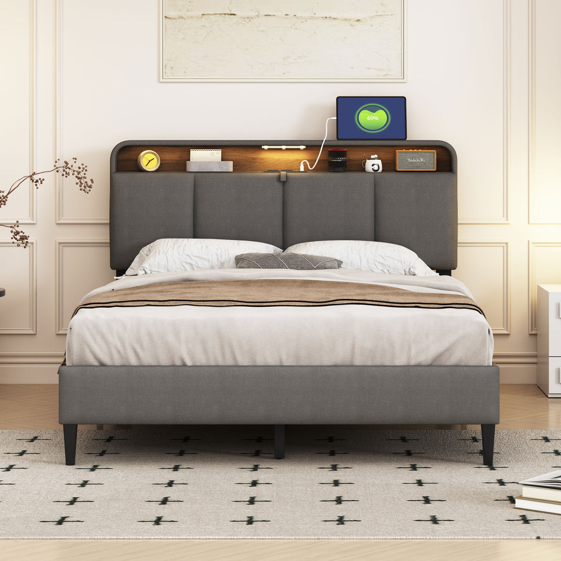 Full Size Upholstered Platform Bed With Storage Headboard, Sensor Light And A Set Of Sockets And Usb Ports, Linen Fabric, Gray Gray Linen