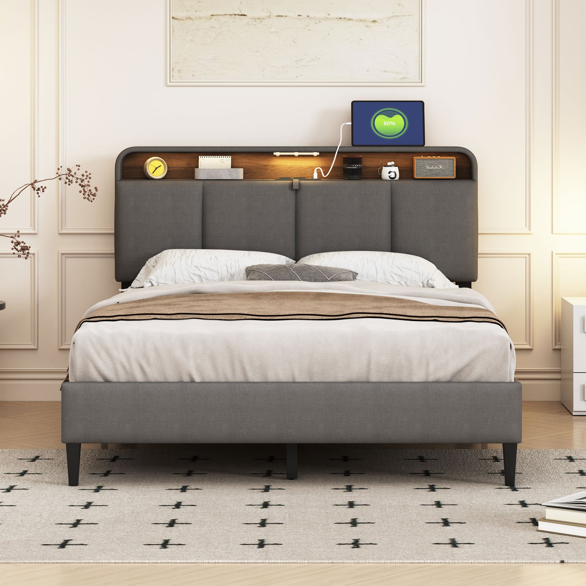 Full Size Upholstered Platform Bed With Storage Headboard, Sensor Light And A Set Of Sockets And Usb Ports, Linen Fabric, Gray Gray Linen