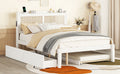 Queen Size Elegant Bed Frame With Rattan Headboard And Sockets ,White White Rattan