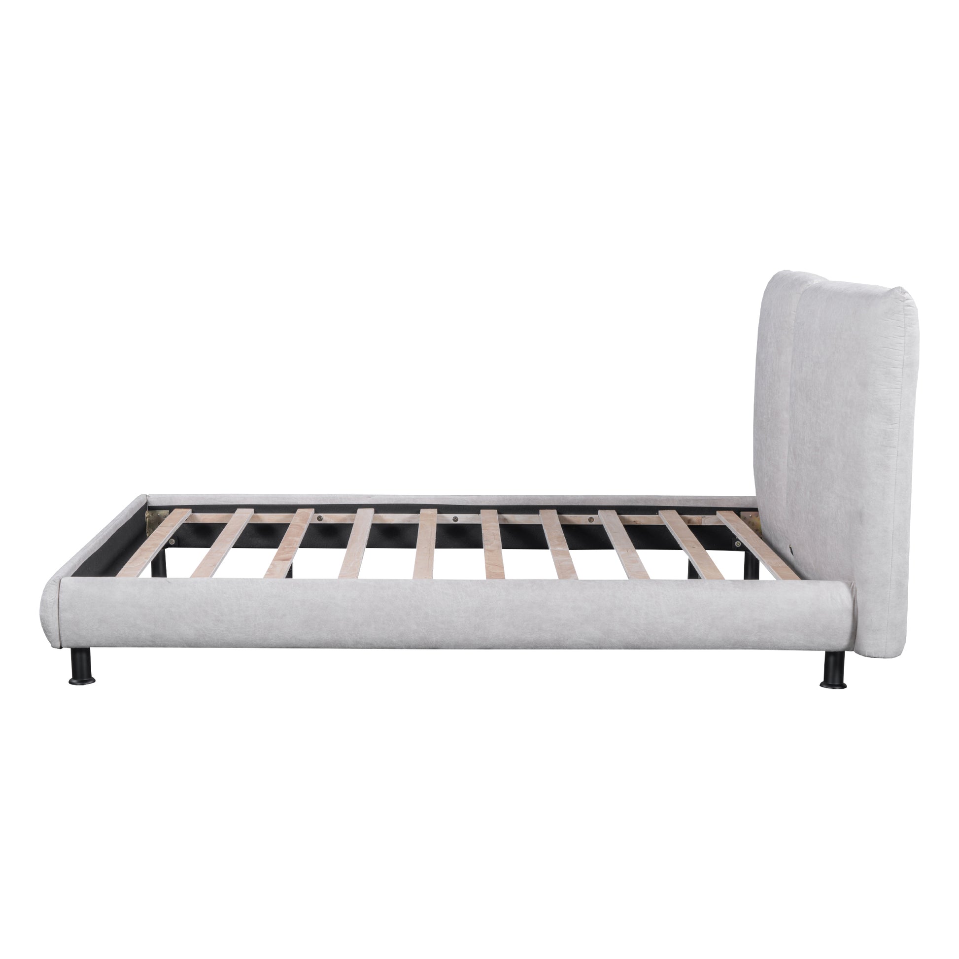 Queen Size Upholstered Platform Bed With Two Large Headrests And Thick Fabric, Polyester, Beige Beige Polyester