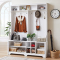 Hall Tree Entryway Bench With Coat Rack, With Shoe Cubbies For Bedroom, White, 59.8'' W X 15.8'' D X 76.8''H. White Particle Board