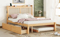 Queen Size Elegant Bed Frame With Rattan Headboard And Sockets ,Natural Twin Natural Rattan