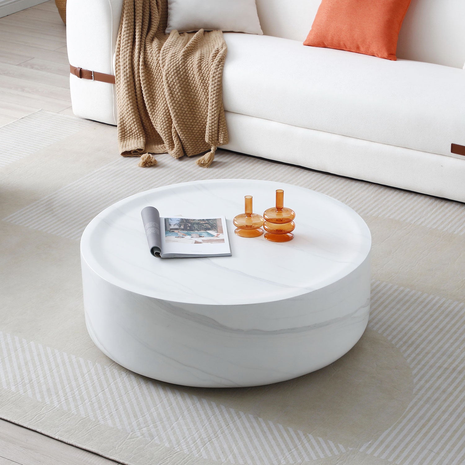 31.49'' Round Coffee Table,Sturdy Fiberglass Table For Living Room, White, No Need Assembly.White White Fiberglass