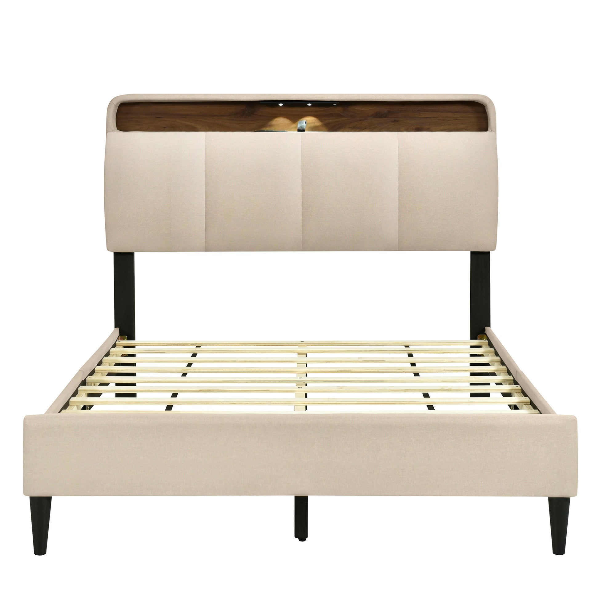 Full Size Upholstered Platform Bed With Storage Headboard, Sensor Light And A Set Of Sockets And Usb Ports, Linen Fabric, Beige Beige Linen