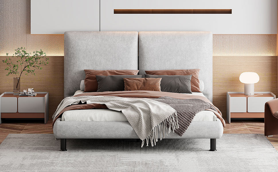 Queen Size Upholstered Platform Bed With Two Large Headrests And Thick Fabric, Polyester, Beige Beige Polyester