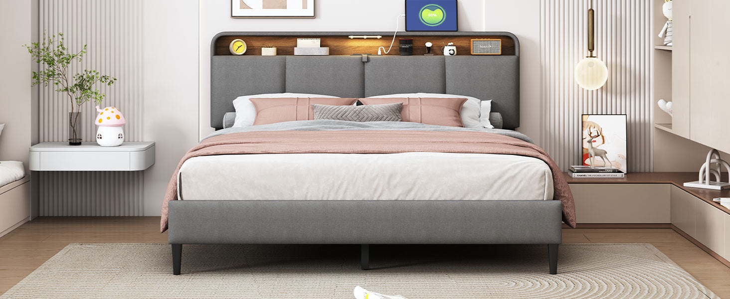Queen Size Upholstered Platform Bed With Storage Headboard, Sensor Light And A Set Of Sockets And Usb Ports, Linen Fabric, Gray Gray Linen