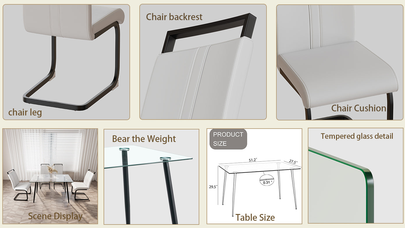 51 Inch Glass Dining Table Set For 4, Dining Table & Chair Sets With Black Metal Legs For Kitchen, Modern Rectangle Tempered Glass Table Top And Pu Dining Armless Chair For Dining Room Transparent Glass