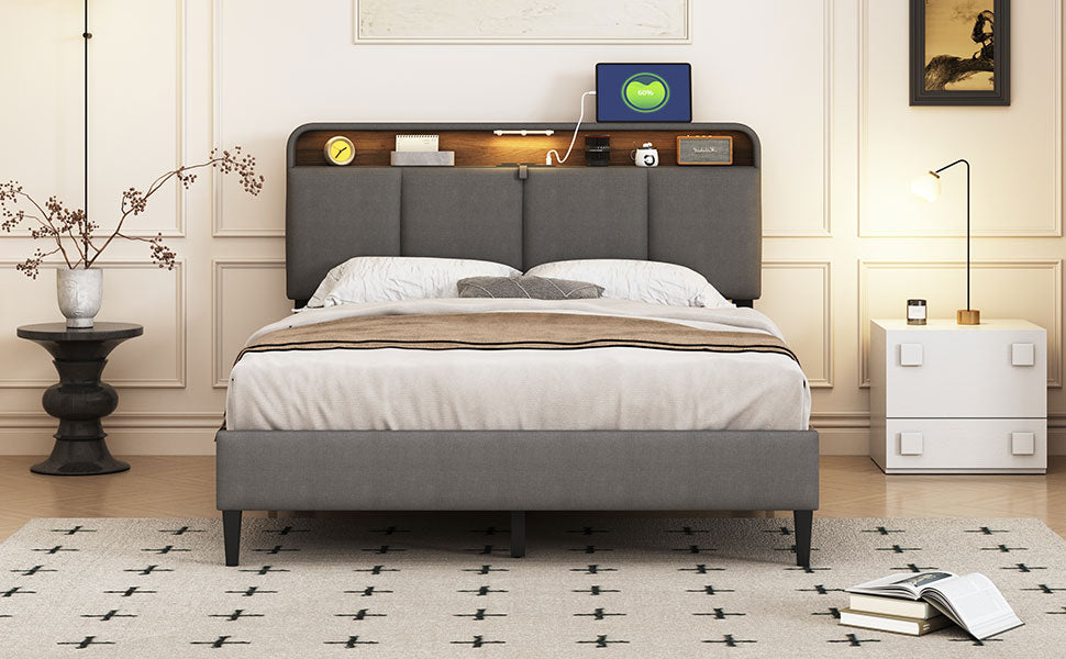 Full Size Upholstered Platform Bed With Storage Headboard, Sensor Light And A Set Of Sockets And Usb Ports, Linen Fabric, Gray Gray Linen