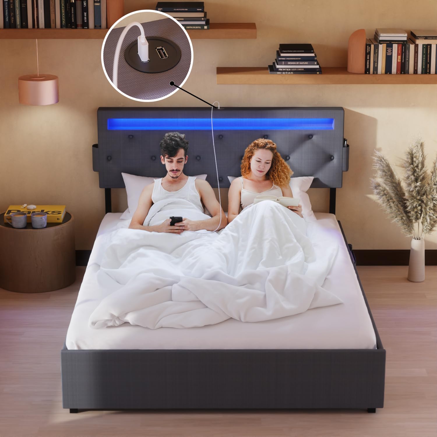 Queen Bed Frame With Usb Charging Station & Led Lights, Queen Bed Frame With Headboard & 4 Storage Drawers, D Box Spring Not Required Queen Dark Gray Metal Bedroom Contemporary Bed Frame Foam Linen Upholstered