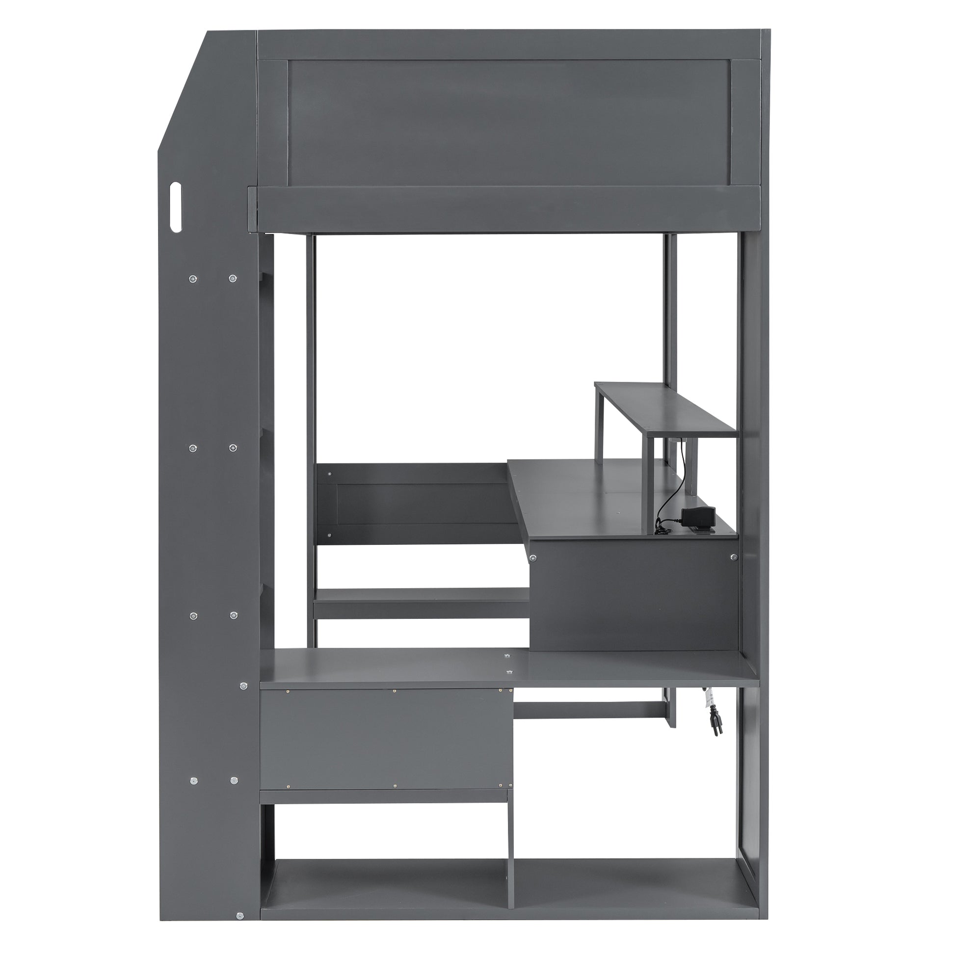 Wood Twin Size Gaming Loft Bed With Desk, Multi Storage Shelves, Led And Charging Station, Dark Gray Box Spring Not Required Twin Dark Gray Wood Bedroom Bed Frame Solid Wood Mdf