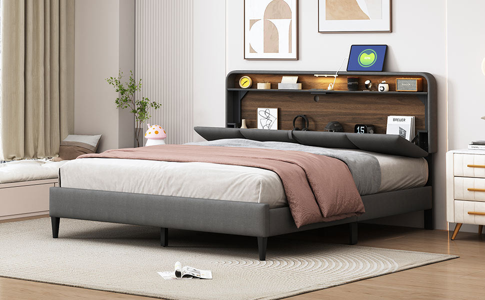 Queen Size Upholstered Platform Bed With Storage Headboard, Sensor Light And A Set Of Sockets And Usb Ports, Linen Fabric, Gray Gray Linen