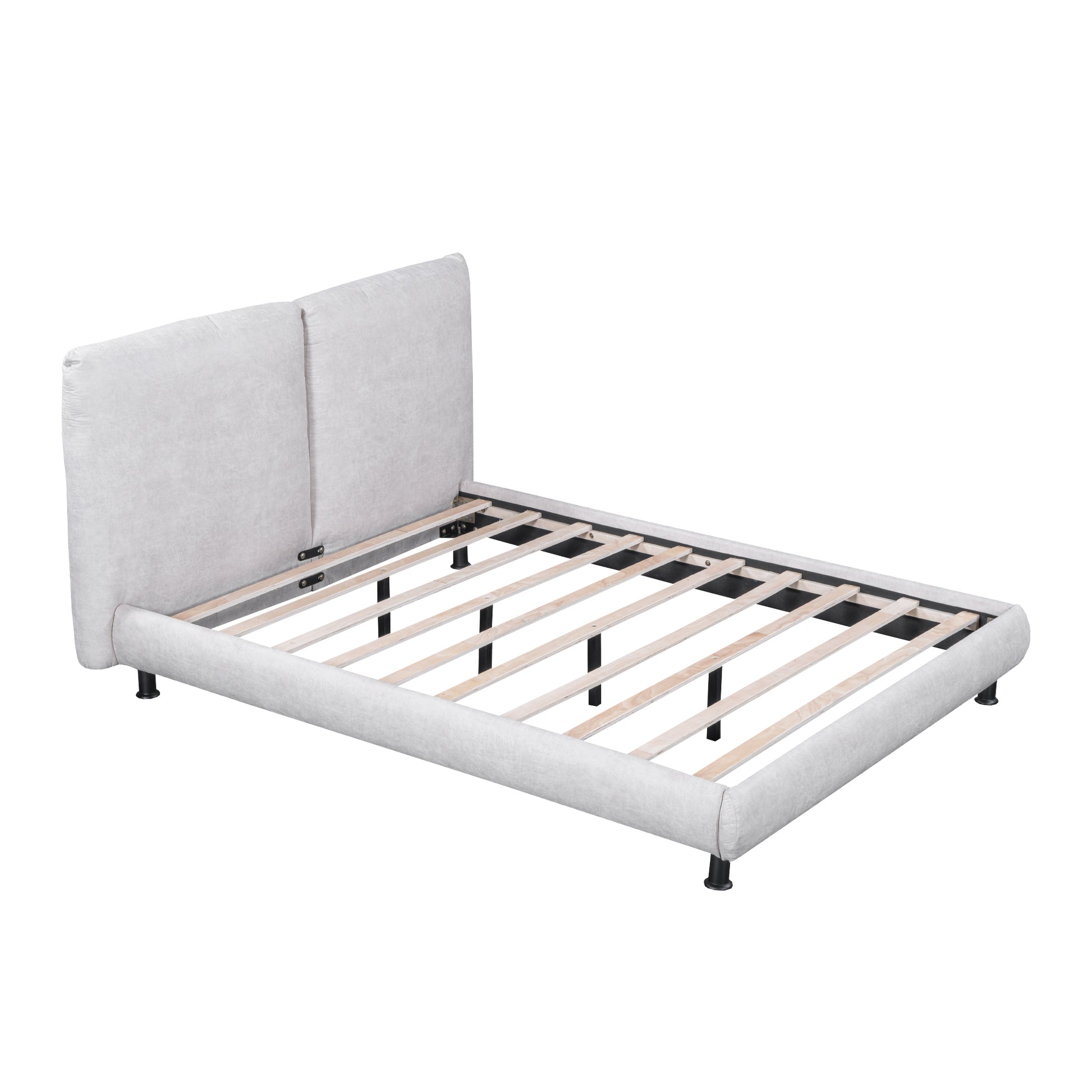 Queen Size Upholstered Platform Bed With Two Large Headrests And Thick Fabric, Polyester, Beige Beige Polyester