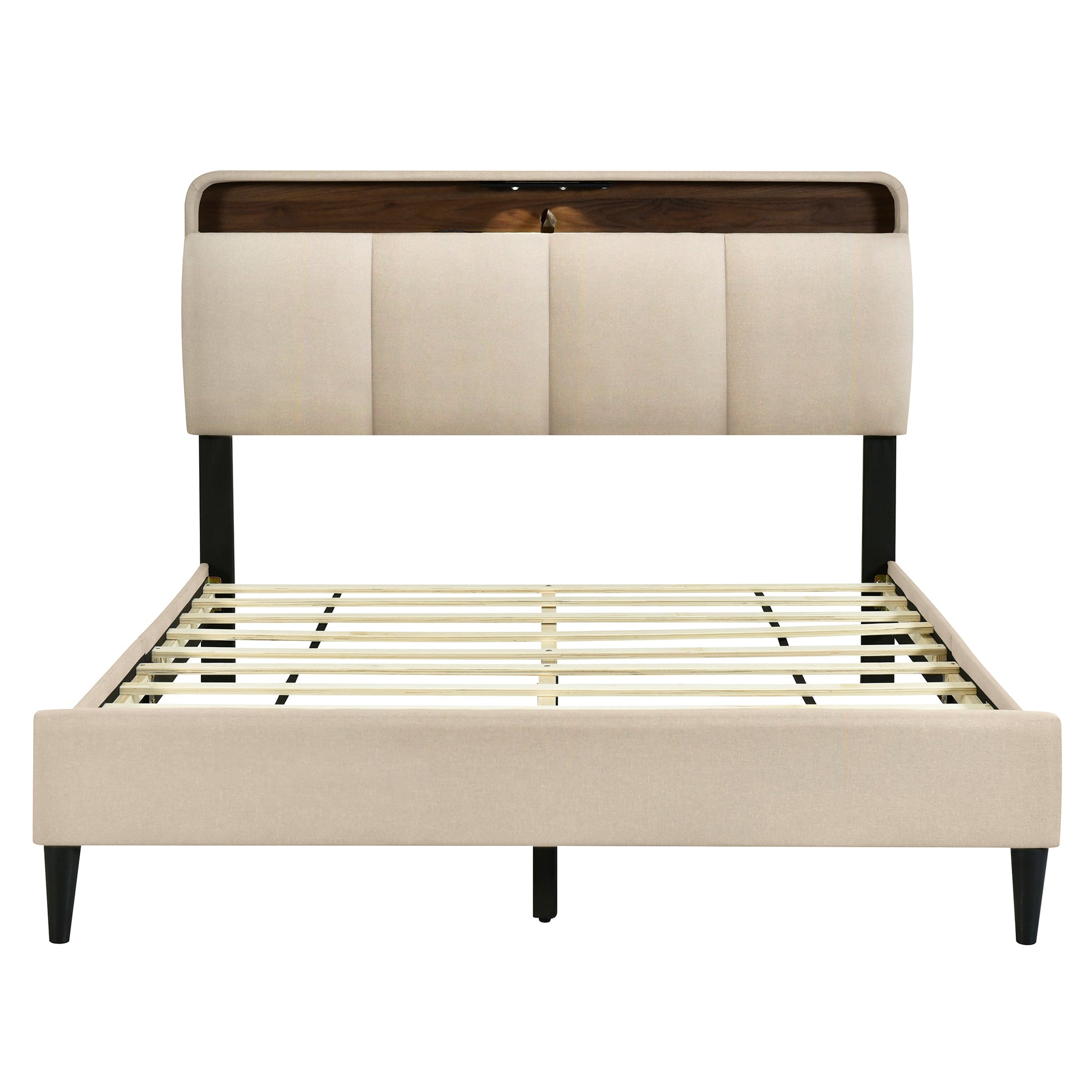Queen Size Upholstered Platform Bed With Storage Headboard, Sensor Light And A Set Of Sockets And Usb Ports, Linen Fabric, Beige Beige Linen