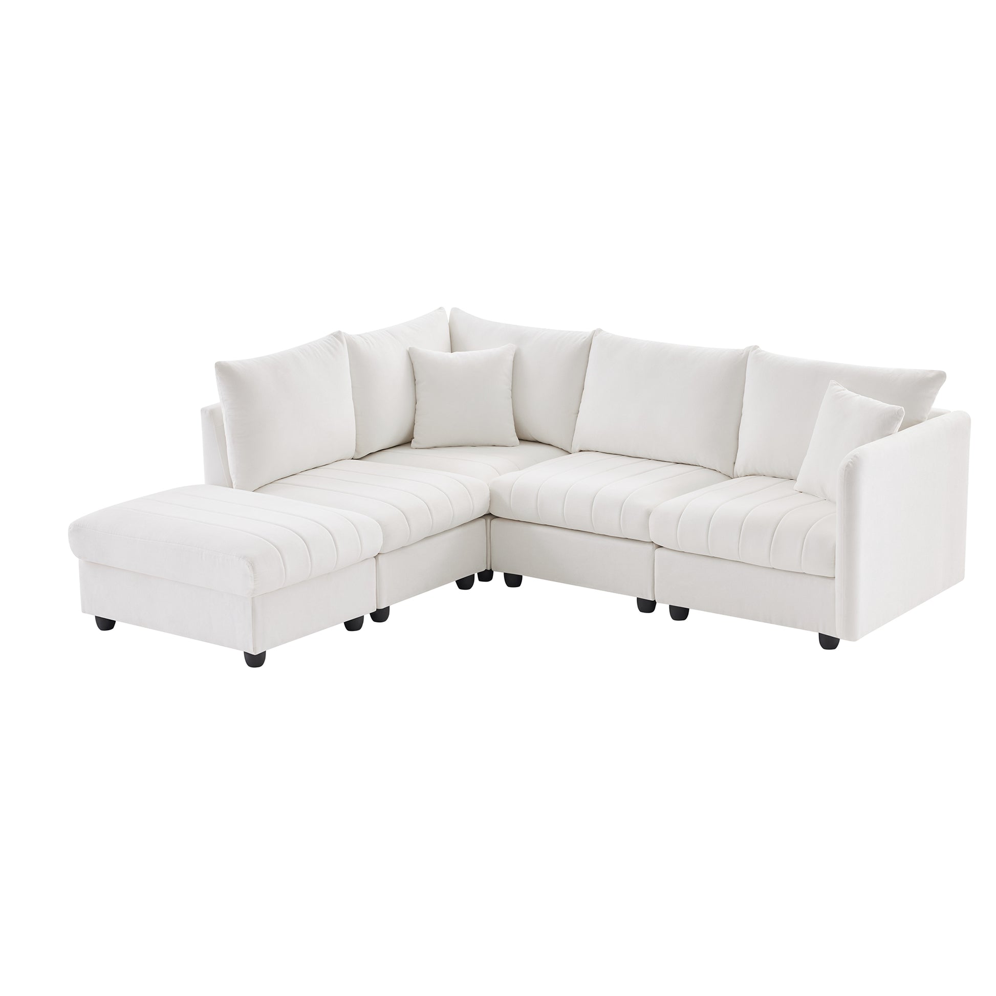 89*79"Modern Sectional Sofa With Vertical Stripes,2 Pillows,5 Seat Couch With Convertible Ottoman,Various Combinations,L Shape Indoor Furniture For Living Room,Apartment, 3 Colors White Fabric 5