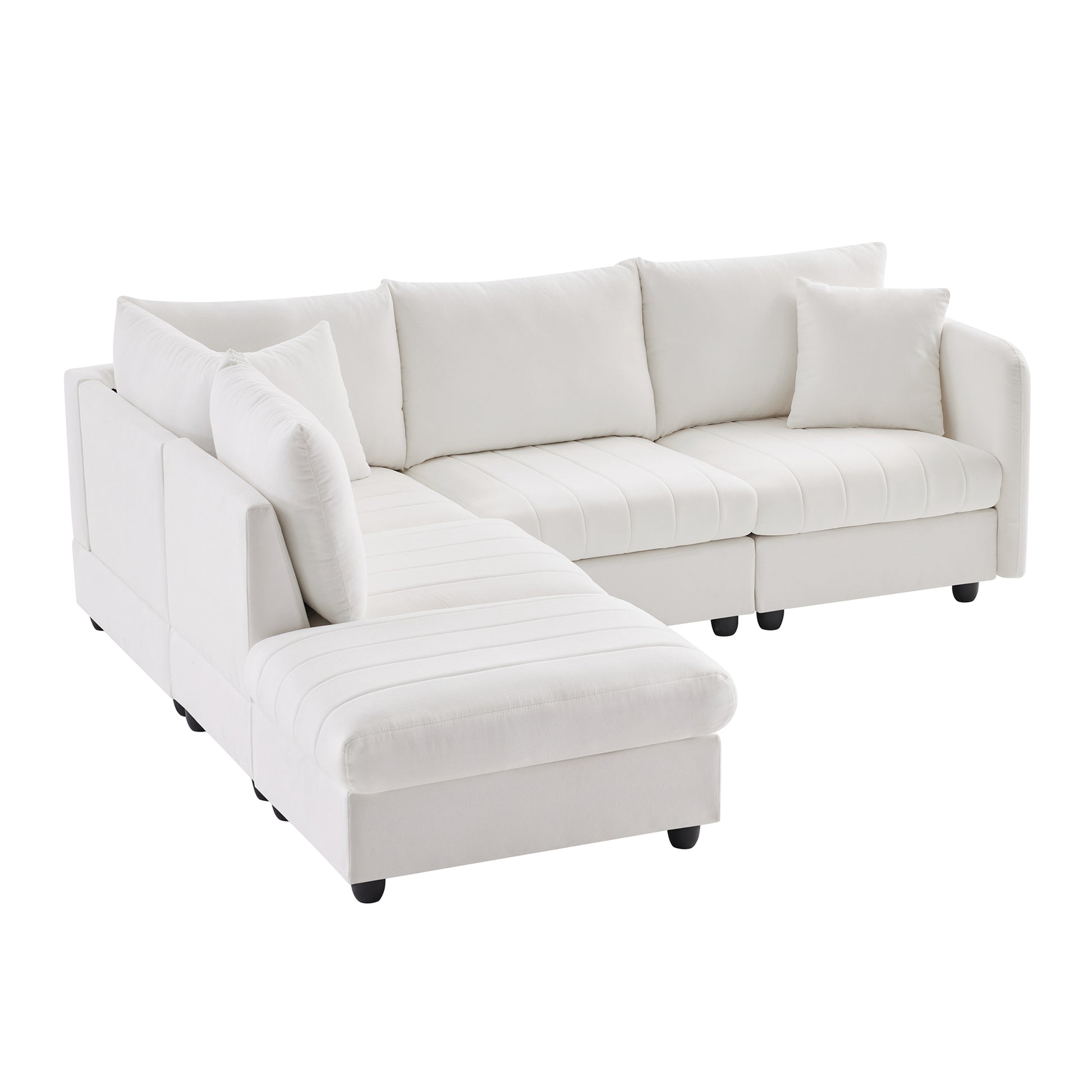 89*79"Modern Sectional Sofa With Vertical Stripes,2 Pillows,5 Seat Couch With Convertible Ottoman,Various Combinations,L Shape Indoor Furniture For Living Room,Apartment, 3 Colors White Fabric 5