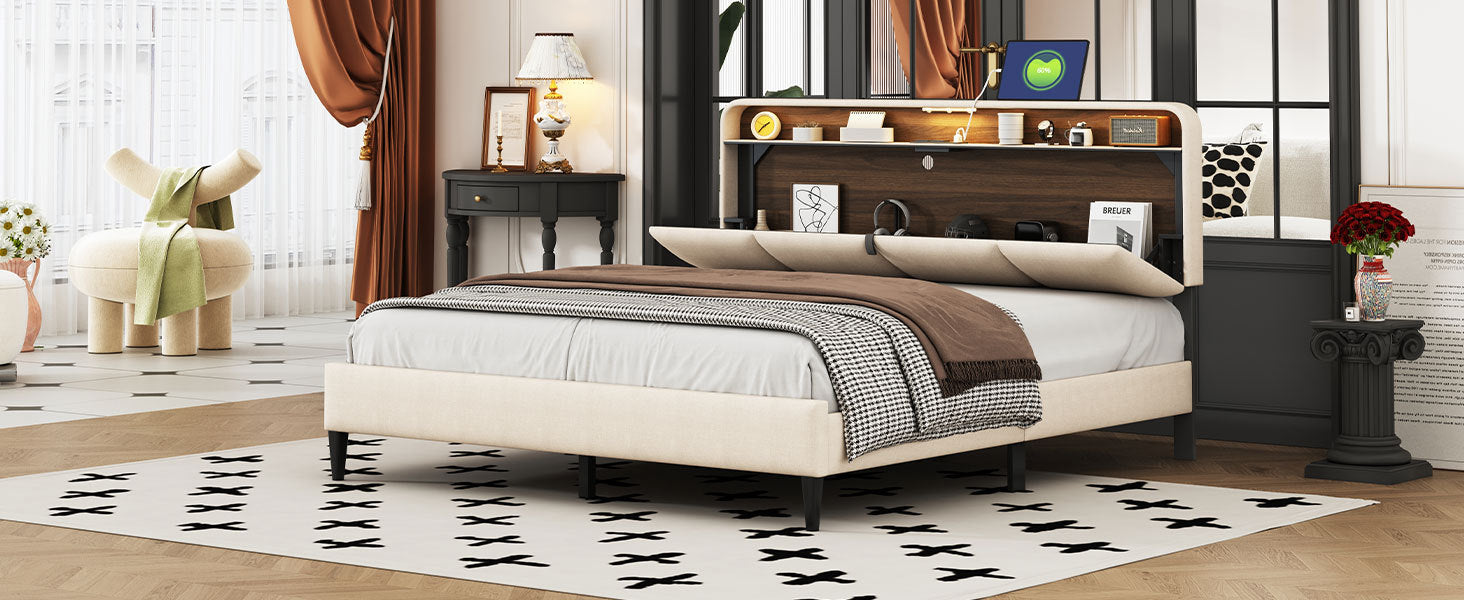 Queen Size Upholstered Platform Bed With Storage Headboard, Sensor Light And A Set Of Sockets And Usb Ports, Linen Fabric, Beige Beige Linen