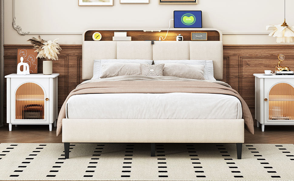 Full Size Upholstered Platform Bed With Storage Headboard, Sensor Light And A Set Of Sockets And Usb Ports, Linen Fabric, Beige Beige Linen