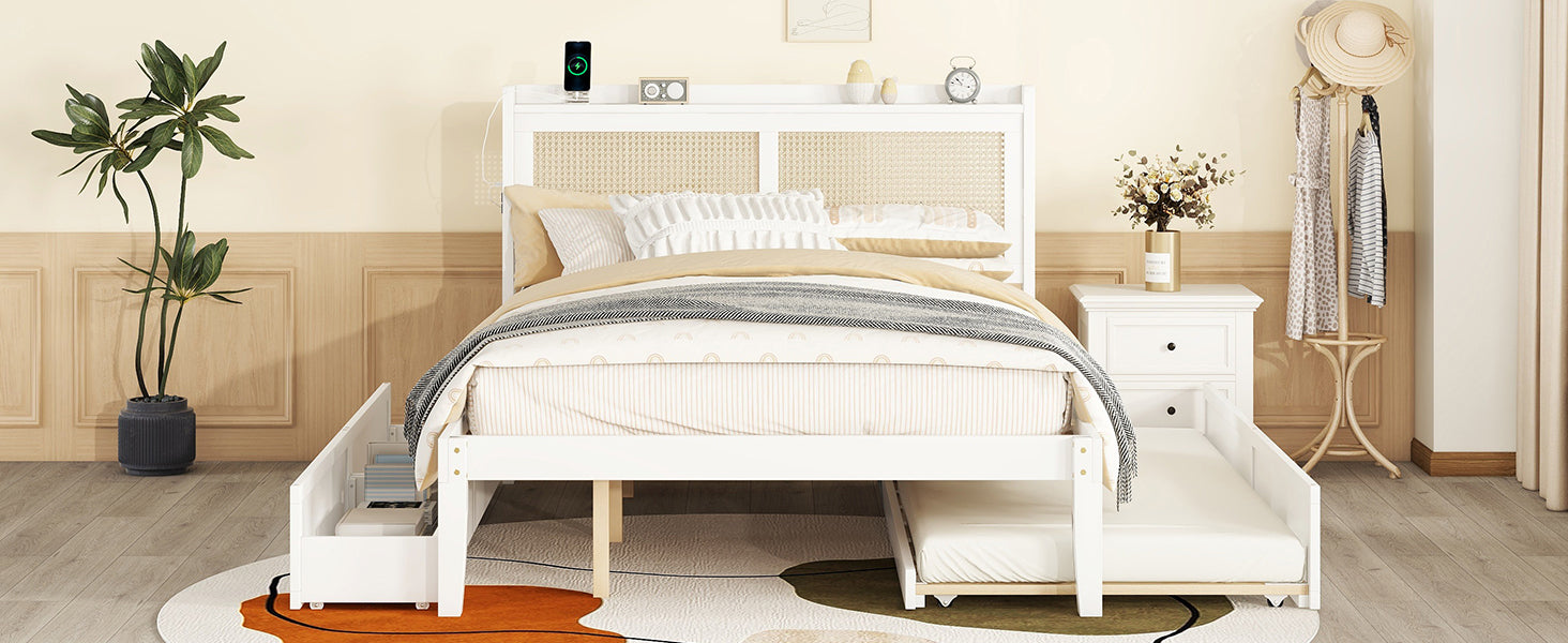 Queen Size Elegant Bed Frame With Rattan Headboard And Sockets ,White White Rattan
