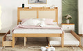 Queen Size Elegant Bed Frame With Rattan Headboard And Sockets ,Natural Twin Natural Rattan