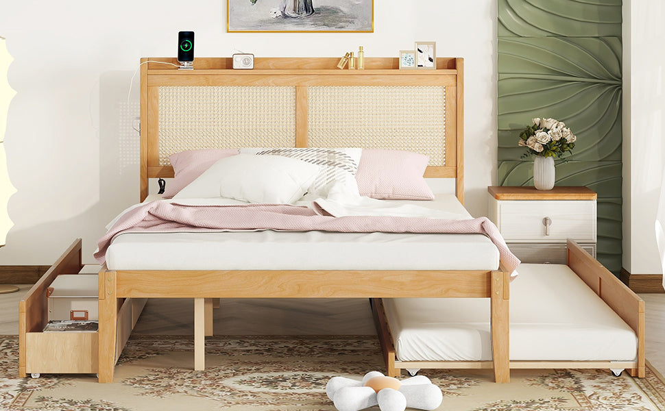 Queen Size Elegant Bed Frame With Rattan Headboard And Sockets ,Natural Twin Natural Rattan