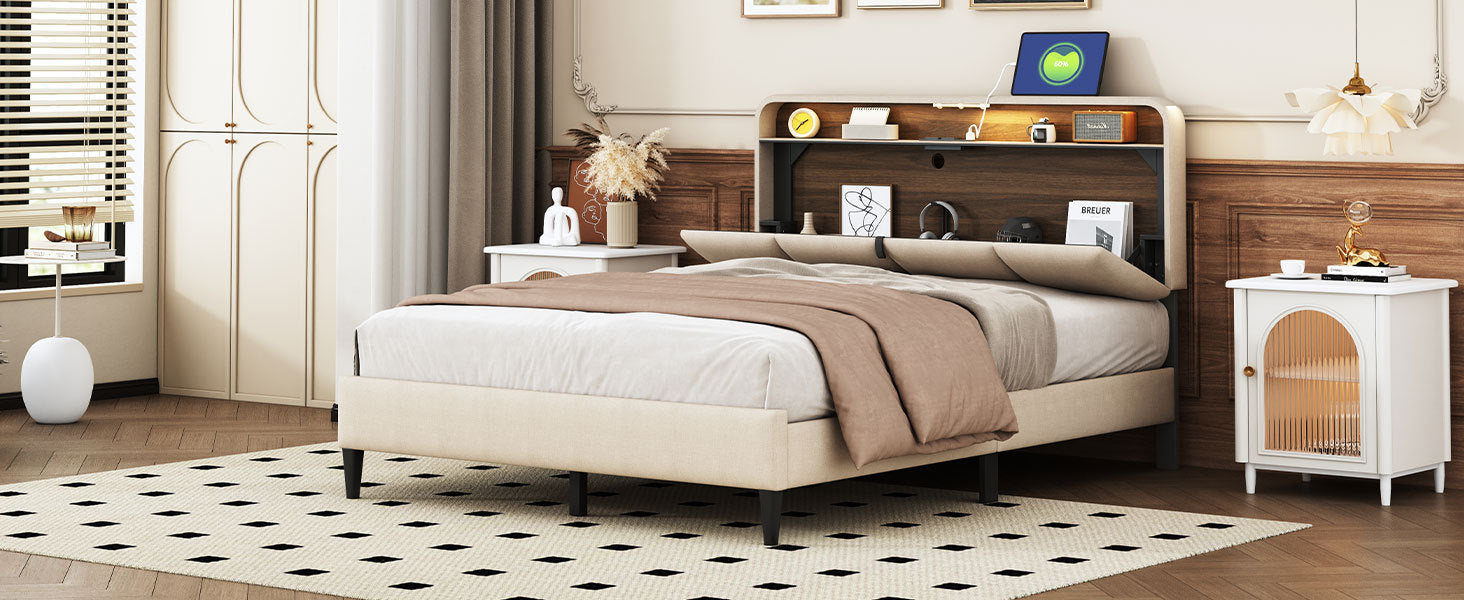 Full Size Upholstered Platform Bed With Storage Headboard, Sensor Light And A Set Of Sockets And Usb Ports, Linen Fabric, Beige Beige Linen