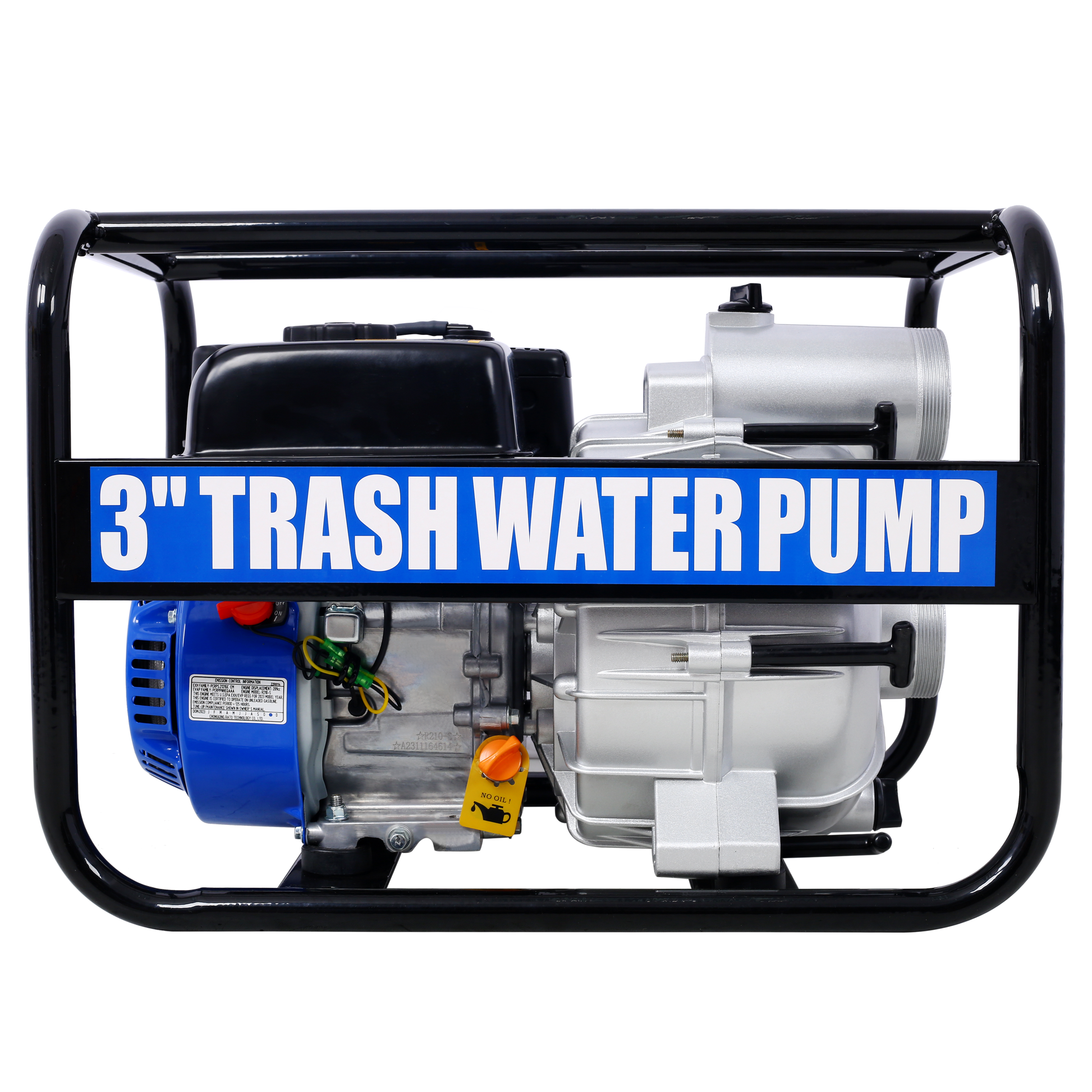 Trash Pump 3 Inch, 209Cc 7Hp 4 Stroke Ohv Engine, Gas Powered Full Trash Water Pump 50 Ft Discharge Hose, 12 Ft Suction Hose With Complete Fittings,Epa Compliant Black Blue Steel