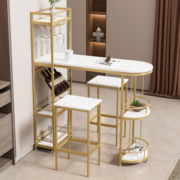 3 Pcs Bar Table And Chairs Set, Modern White Kitchen Bar Height Dining Table Wood Breakfast Pub Table With Gold Base With Shelves, Glass Rack, Wine Bottle Rack ,With 2 Bar Stools White Gold Dining Room Contemporary Floor Mount Rectangular Kitchen &