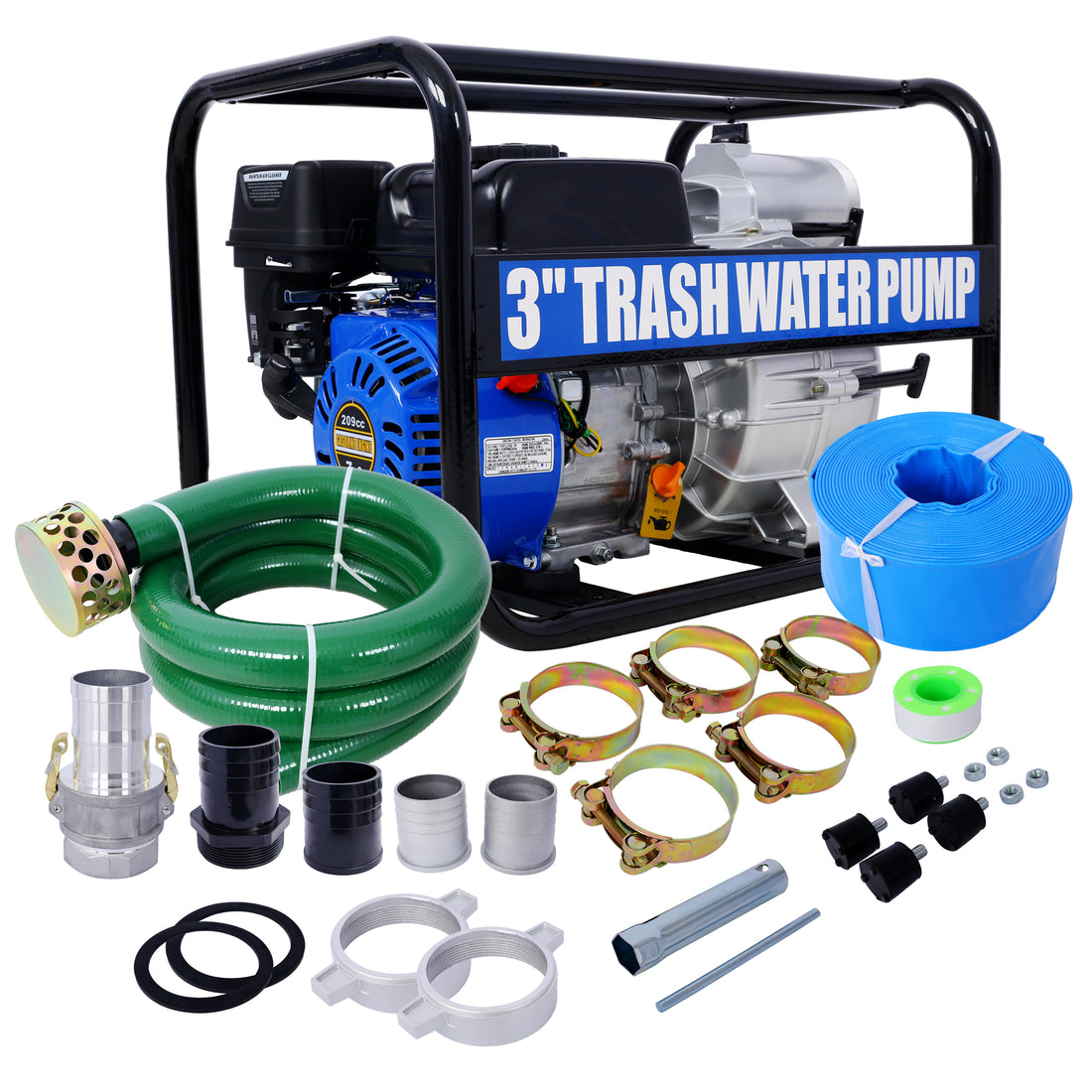 Trash Pump 3 Inch, 209Cc 7Hp 4 Stroke Ohv Engine, Gas Powered Full Trash Water Pump 50 Ft Discharge Hose, 12 Ft Suction Hose With Complete Fittings,Epa Compliant Black Blue Steel