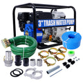 Trash Pump 3 Inch, 209Cc 7Hp 4 Stroke Ohv Engine, Gas Powered Full Trash Water Pump 50 Ft Discharge Hose, 12 Ft Suction Hose With Complete Fittings,Epa Compliant Black Blue Steel
