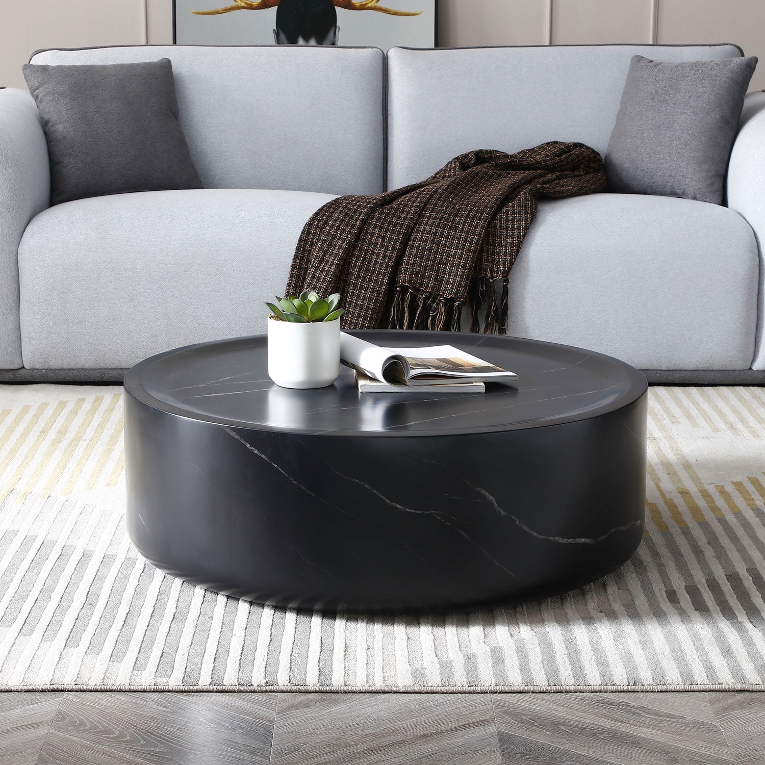 39.37'' Black Marble Round Coffee Table Sturdy Fiberglass Table For Living Room ,No Need Assembly. Black Fiberglass