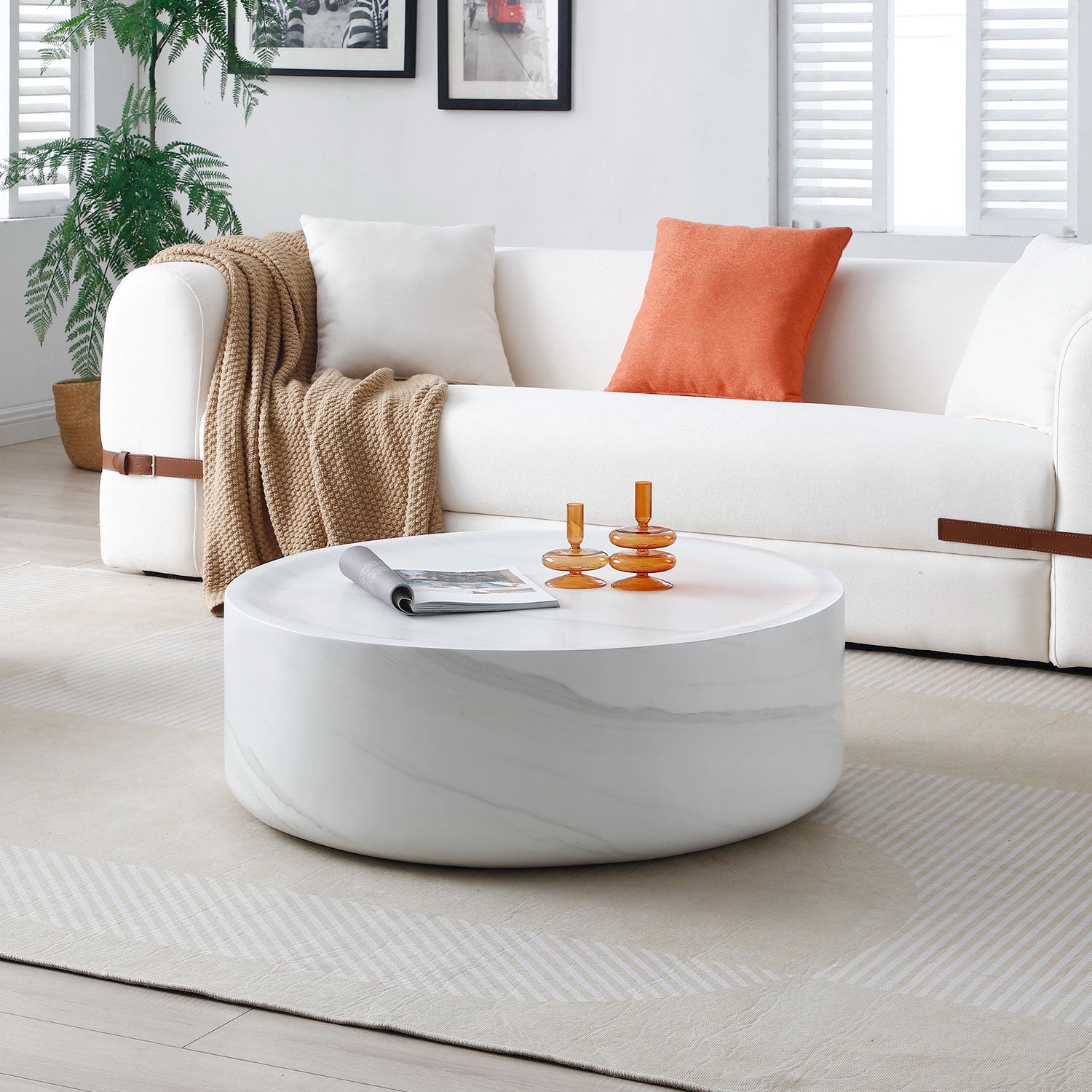 39.37'' White Marble Round Coffee Table Sturdy Fiberglass Table For Living Room, No Need Assembly. White Fiberglass