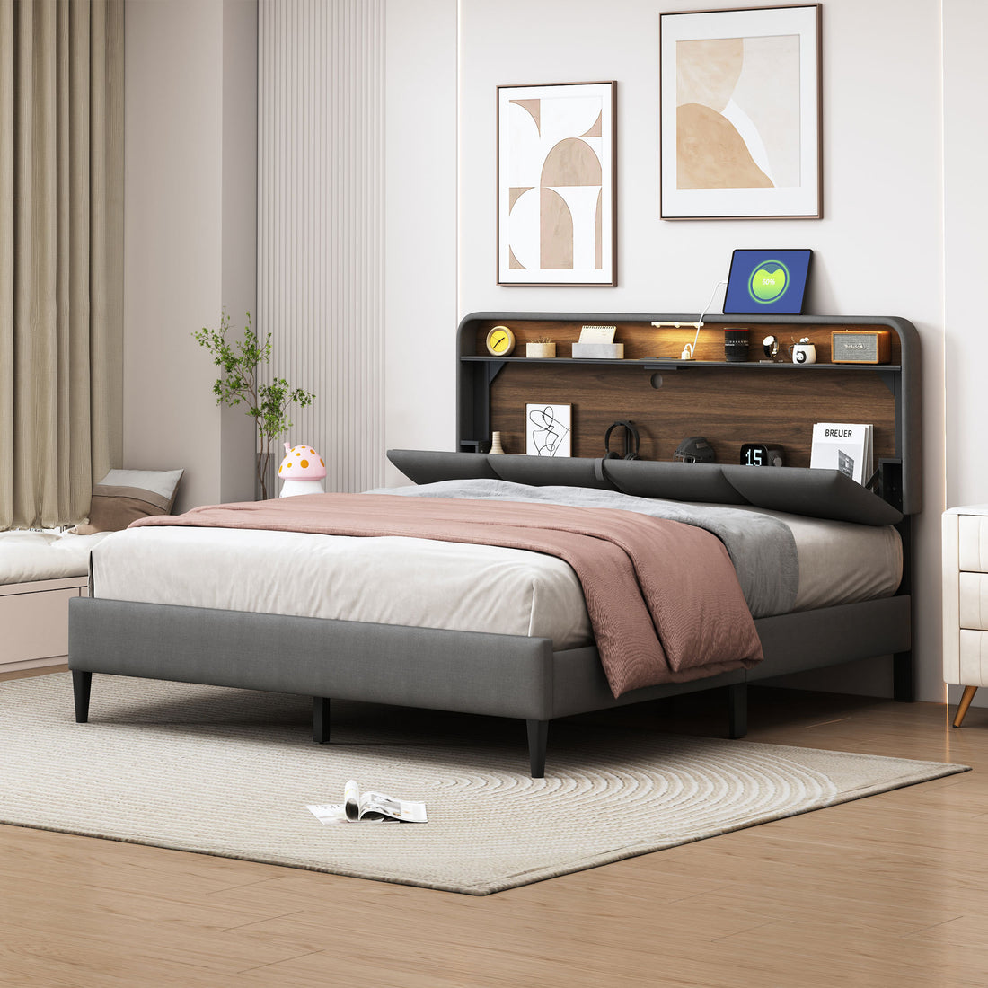 Queen Size Upholstered Platform Bed With Storage Headboard, Sensor Light And A Set Of Sockets And Usb Ports, Linen Fabric, Gray Gray Linen