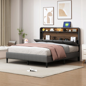 Queen Size Upholstered Platform Bed With Storage Headboard, Sensor Light And A Set Of Sockets And Usb Ports, Linen Fabric, Gray Gray Linen