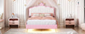 Twin Size Upholstered Princess Bed With Crown Headboard,Twin Size Platform Bed With Headboard And Footboard With Light Strips,Golden Metal Legs, White Pink Pink Pu