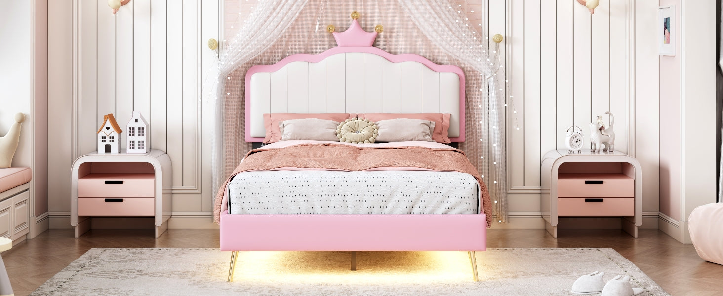 Twin Size Upholstered Princess Bed With Crown Headboard,Twin Size Platform Bed With Headboard And Footboard With Light Strips,Golden Metal Legs, White Pink Pink Pu