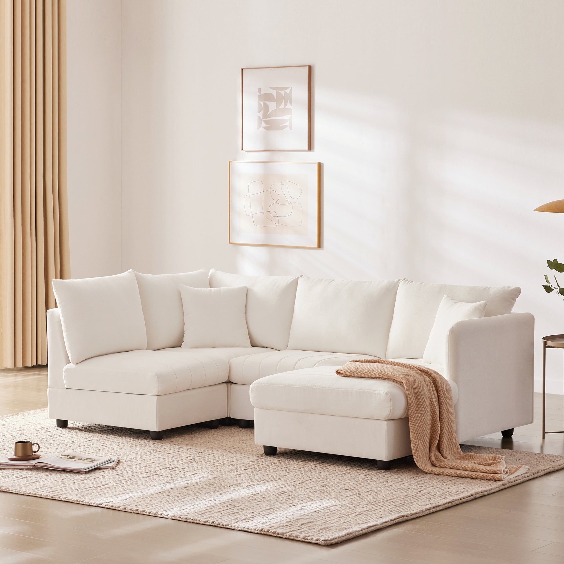 89*79"Modern Sectional Sofa With Vertical Stripes,2 Pillows,5 Seat Couch With Convertible Ottoman,Various Combinations,L Shape Indoor Furniture For Living Room,Apartment, 3 Colors White Fabric 5