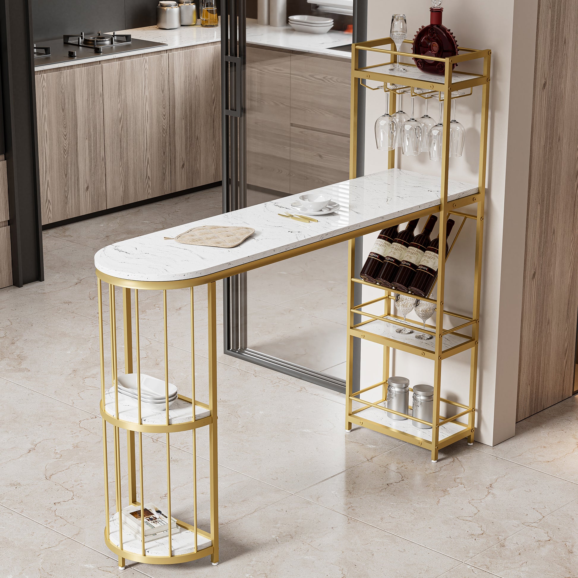 63" Modern White Kitchen Bar Height Dining Table Wood Breakfast Pub Table With Gold Base With Shelves, Glass Rack, Wine Bottle Rack White Gold Dining Room Contemporary Floor Mount Rectangular Kitchen & Dining Tables Glossy Rectangular Mdf Metal