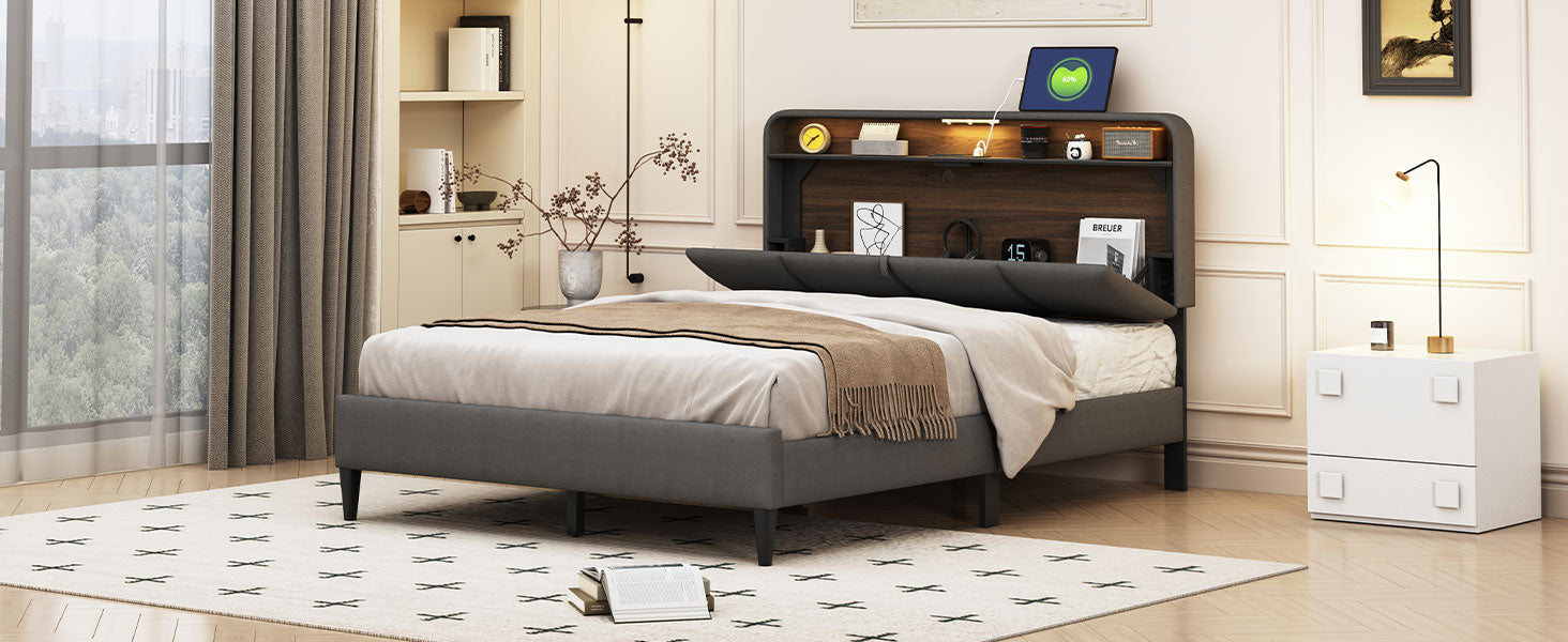 Full Size Upholstered Platform Bed With Storage Headboard, Sensor Light And A Set Of Sockets And Usb Ports, Linen Fabric, Gray Gray Linen