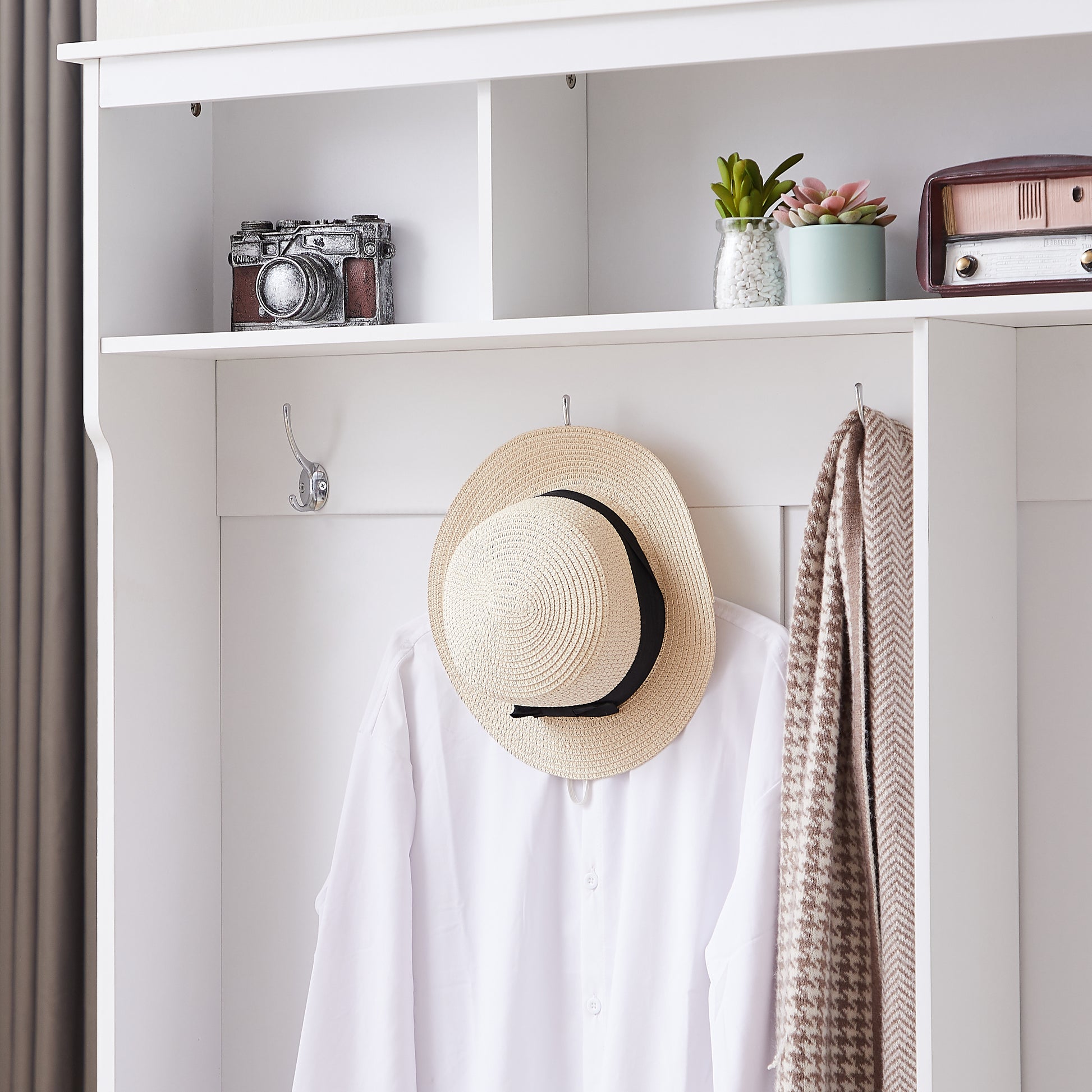 Hall Tree Entryway Bench With Coat Rack, With Shoe Cubbies For Bedroom, White, 59.8'' W X 15.8'' D X 76.8''H. White Particle Board