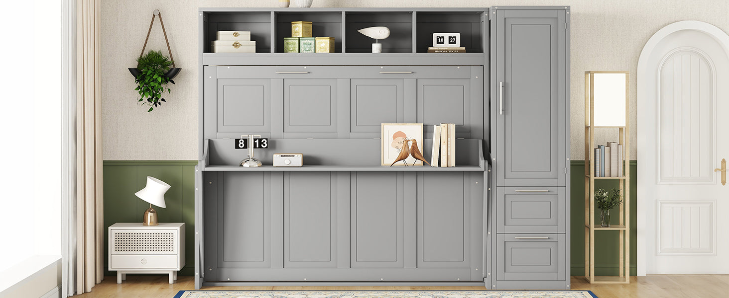 Queen Size Murphy Bed Wall Bed With Closet And Drawers,Gray Gray Mdf Lvl
