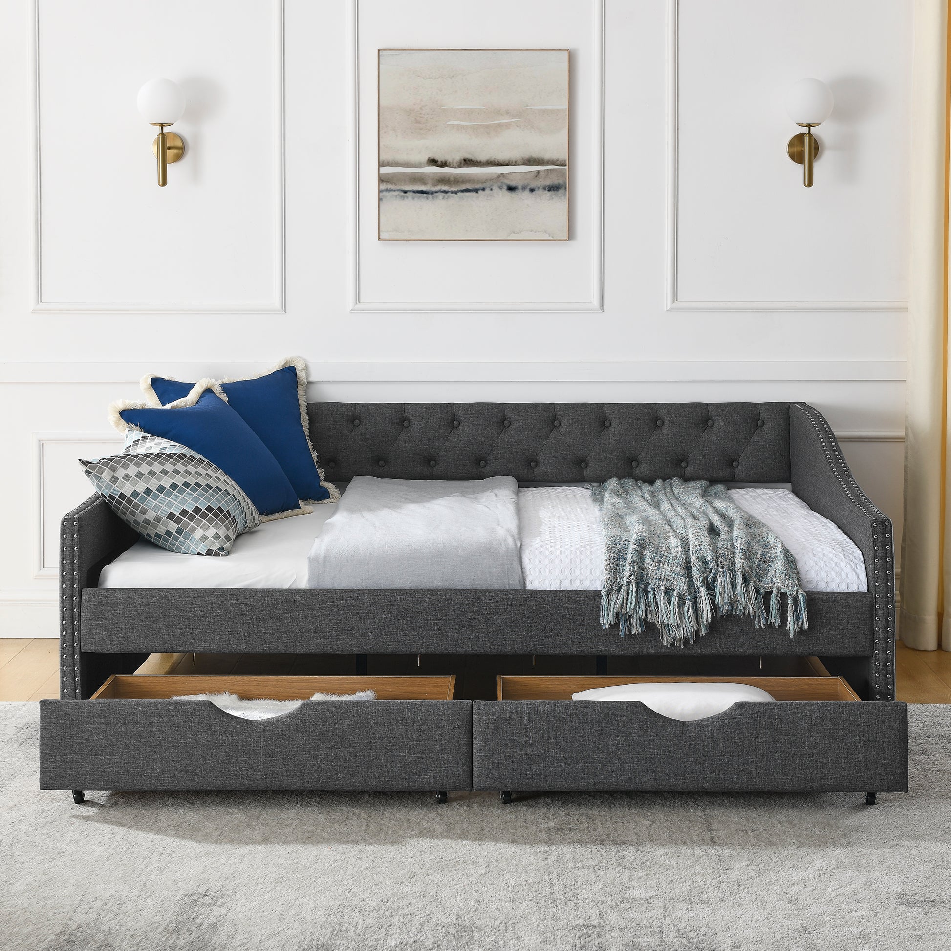 Full Size Daybed With Drawers Upholstered Tufted Sofa Bed, With Button On Back And Copper Nail On Waved Shape Arms 80.5''X55.5''X27.5'' Dark Grey Linen